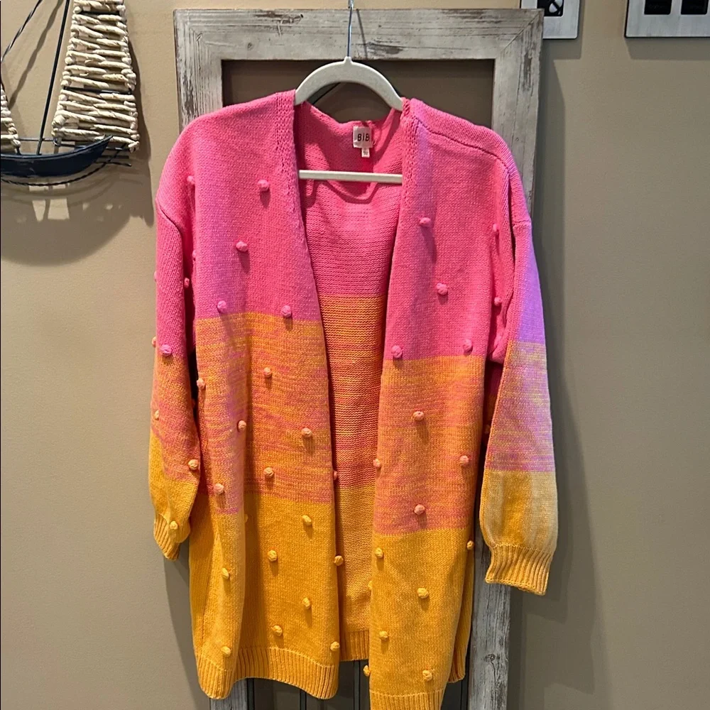 BiBi Pink and Orange Cardigan with Pom-Pom Accents - Picture 1 of 5